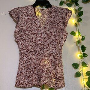 Monteau Los Angeles Floral Peplum Top - Red/White Ditsy Print - Size Small